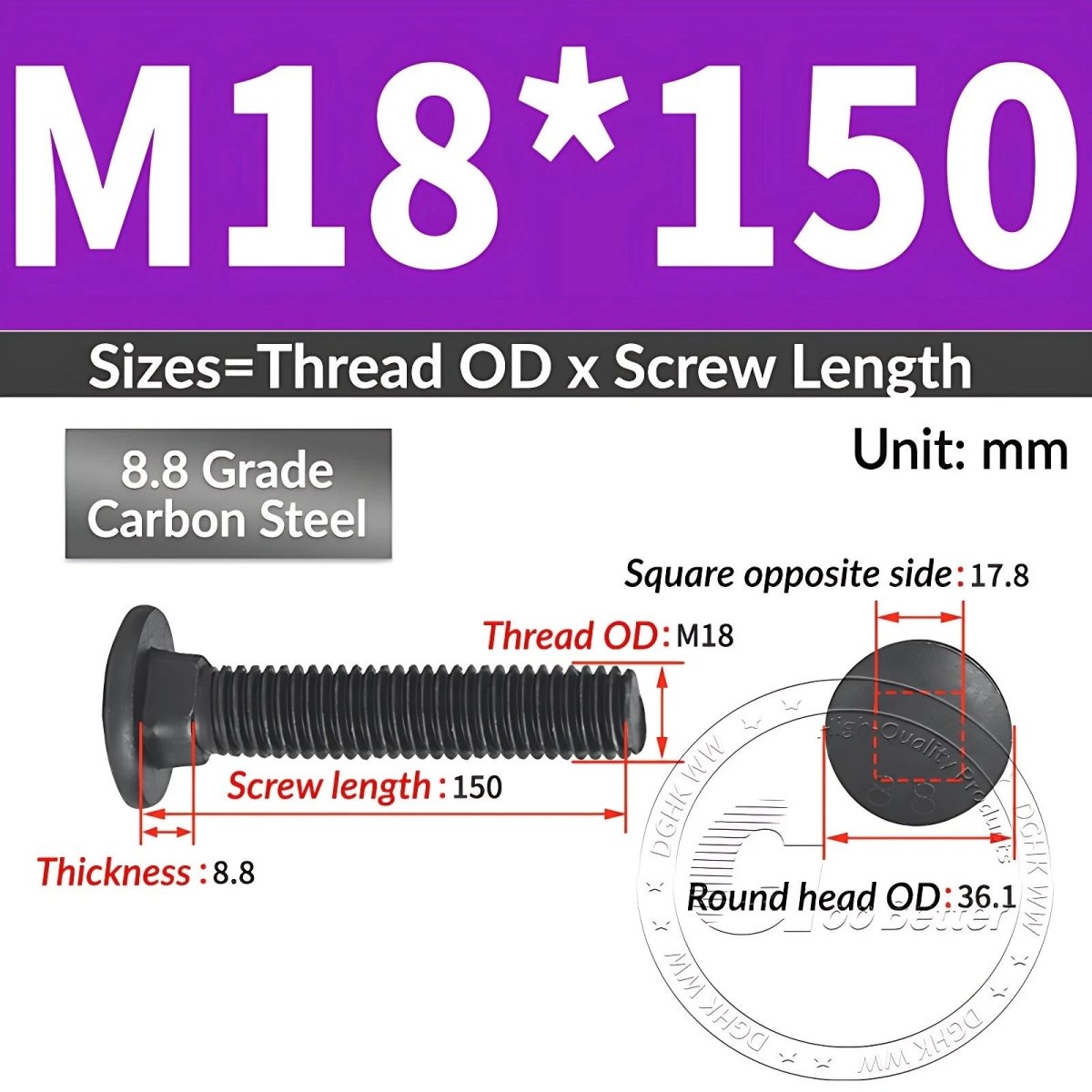 Black 8.8 Grade Steel Carriage Bolts | Cup Square Dome Head | M6–M24 - HomeDIYer