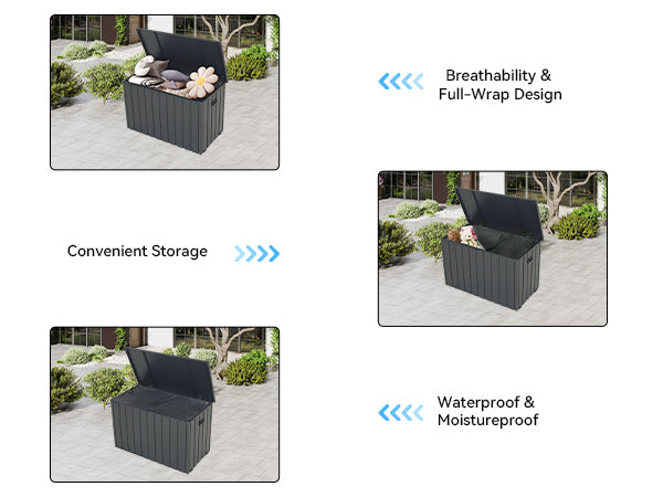 200 Gallon Metal Outdoor Deck Box with Built‑in Oxford Fabric Storage Bag – Waterproof Patio Bench, Dark Gray