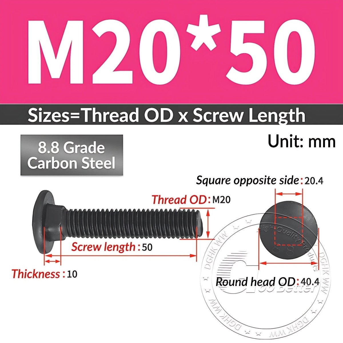 Black 8.8 Grade Steel Carriage Bolts | Cup Square Dome Head | M6–M24 - HomeDIYer