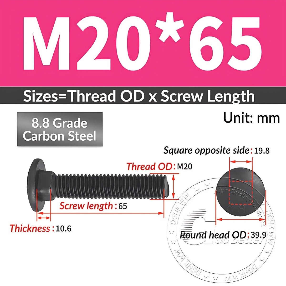 Black 8.8 Grade Steel Carriage Bolts | Cup Square Dome Head | M6–M24 - HomeDIYer