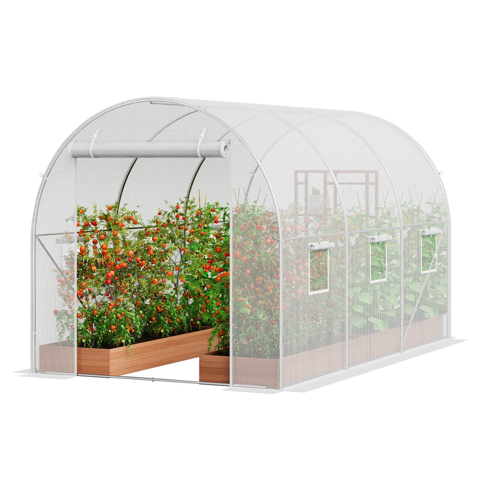 9.58ft x 6.43ft x 6.23ft Walk‑In Tunnel Greenhouse — Heavy‑Duty Galvanized Frame Thick PE Cover & Ventilation Windows White