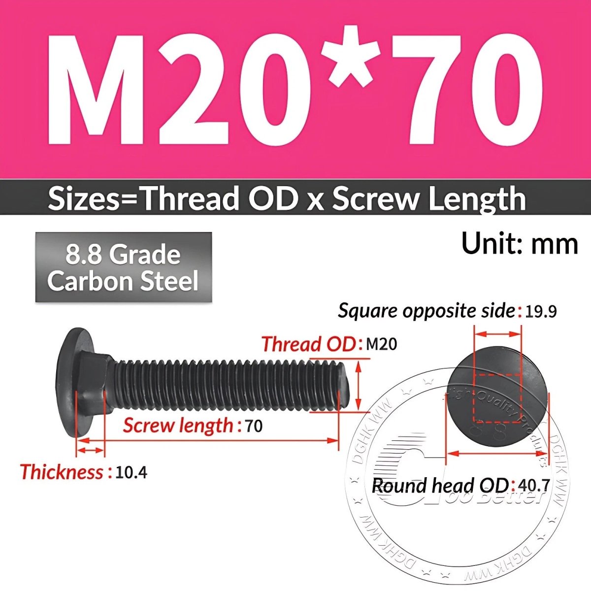Black 8.8 Grade Steel Carriage Bolts | Cup Square Dome Head | M6–M24 - HomeDIYer