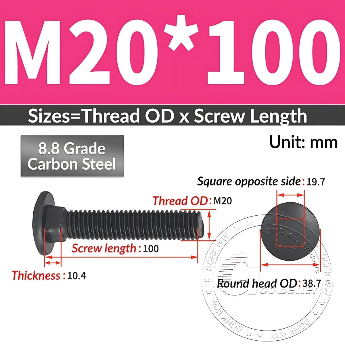 Black 8.8 Grade Steel Carriage Bolts | Cup Square Dome Head | M6–M24 - HomeDIYer