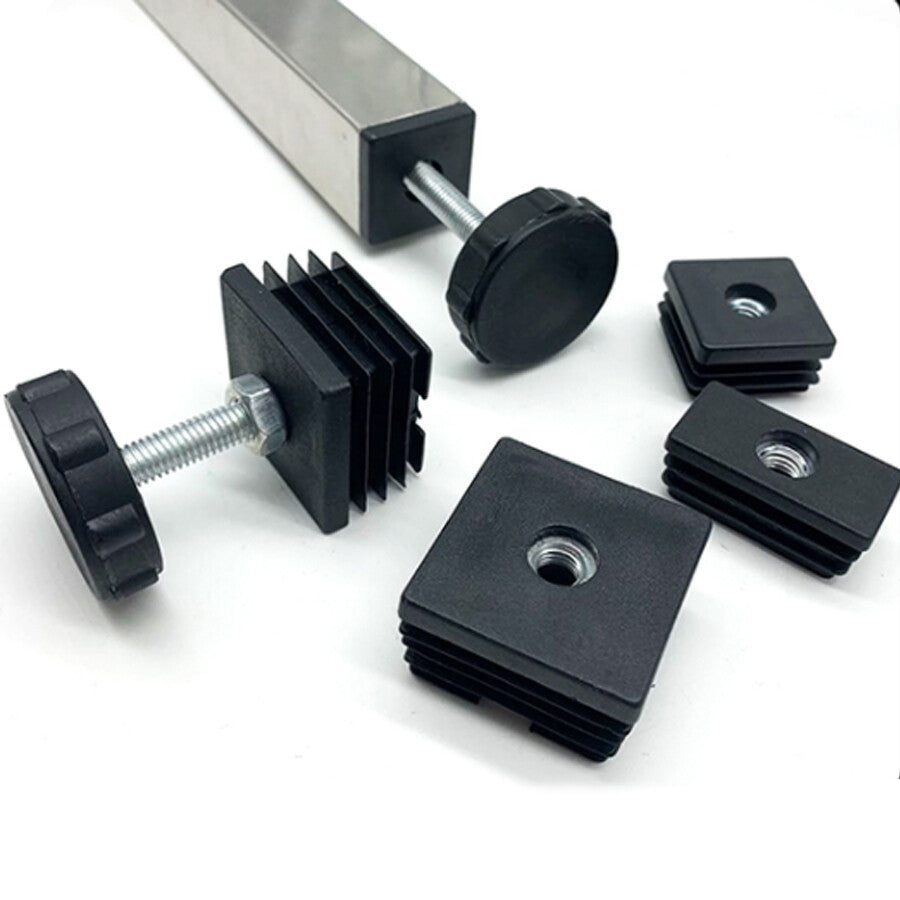 Assortment showing M8 nut plugs and adjustable feet in 50mm and 100mm lengths