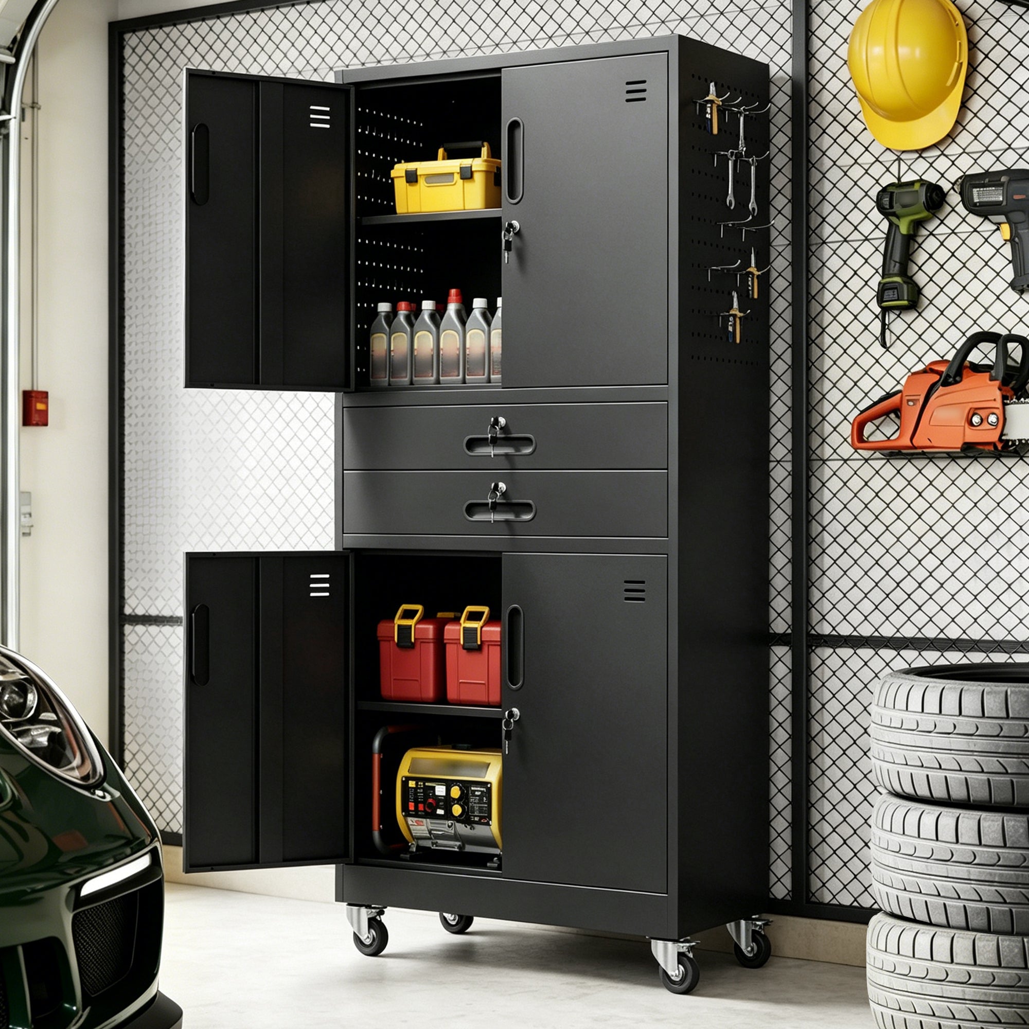 71" Metal Garage Storage Cabinet with Two Drawers, Pegboard Door, Locking Doors & Rolling Wheels, 720 lb Capacity