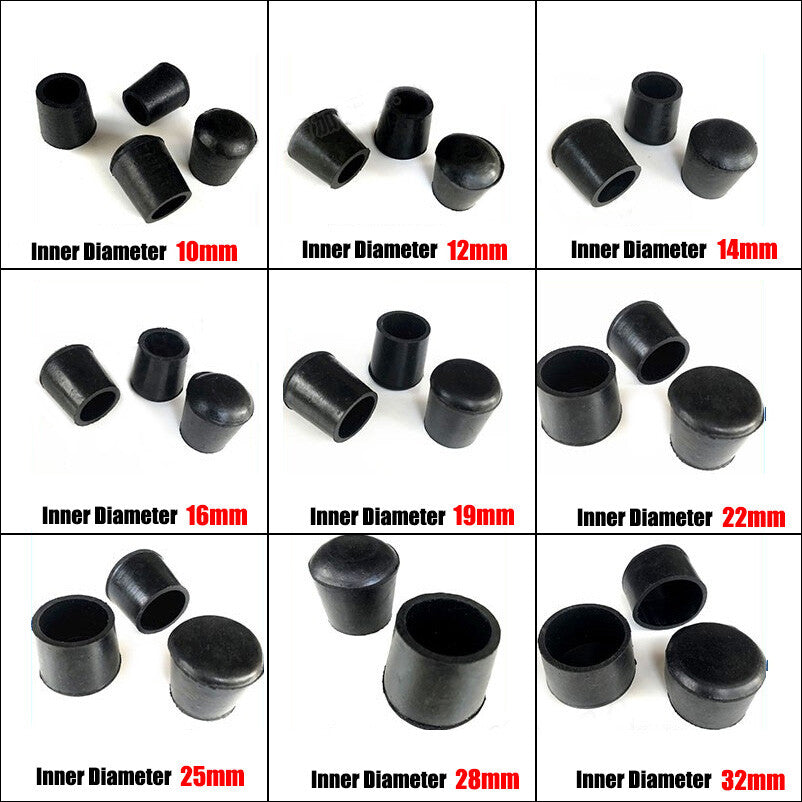 Assortment of black rubber end caps showing size range from 12mm to 45mm