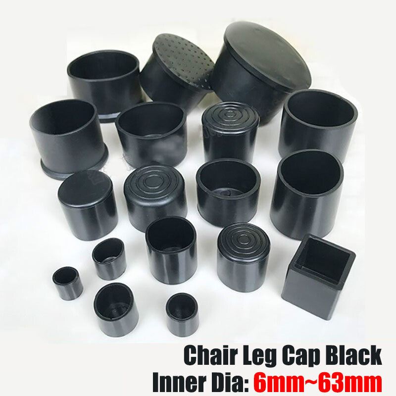 Close-up of black rubber feet caps (6mm~63mm) ideal for chair/table legs & pipe tubing ends