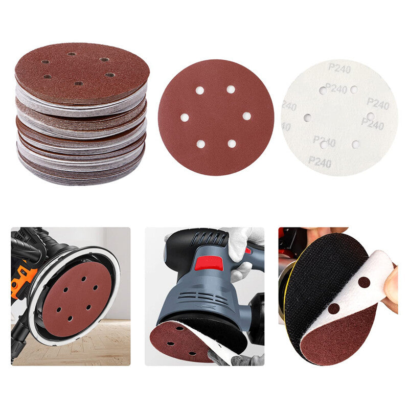 150mm 6 Inch SANDING DISCS 6 Hole Self-Adhesive Red Sandpaper 40#-800# Hook&Loop