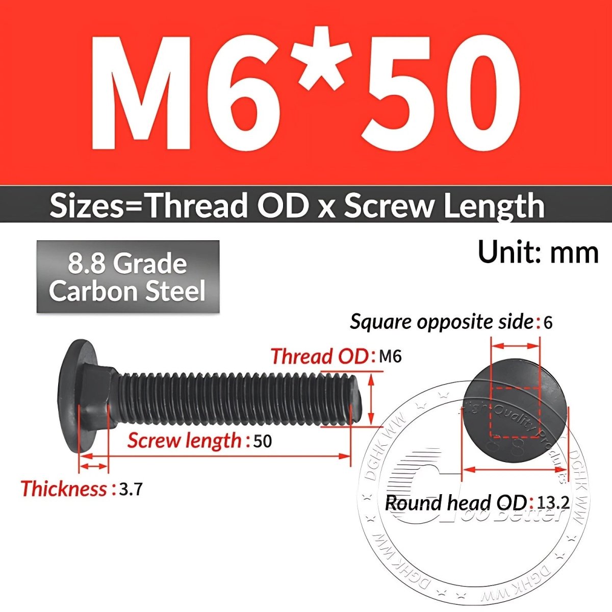 Black 8.8 Grade Steel Carriage Bolts | Cup Square Dome Head | M6–M24 - HomeDIYer