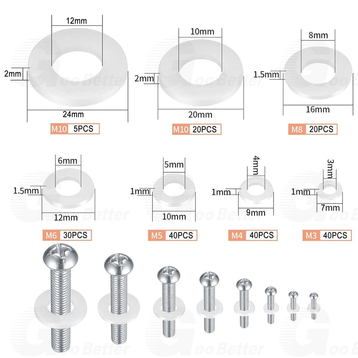 195pcs M3 - M12 White Nylon Flat Washers Set Assorted Seals Washer O - Ring Gasket - HomeDIYer