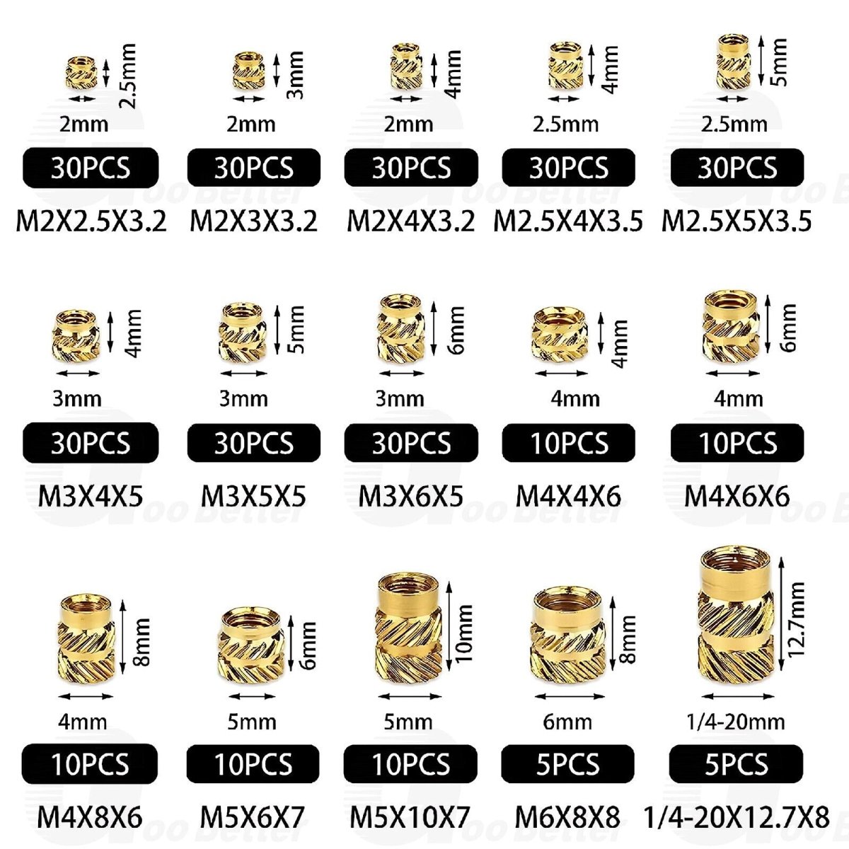 300Pcs M2 - M5 Brass Knurled Nut Threaded Heat Set Inserts for Plastic 3D Printing - HomeDIYer