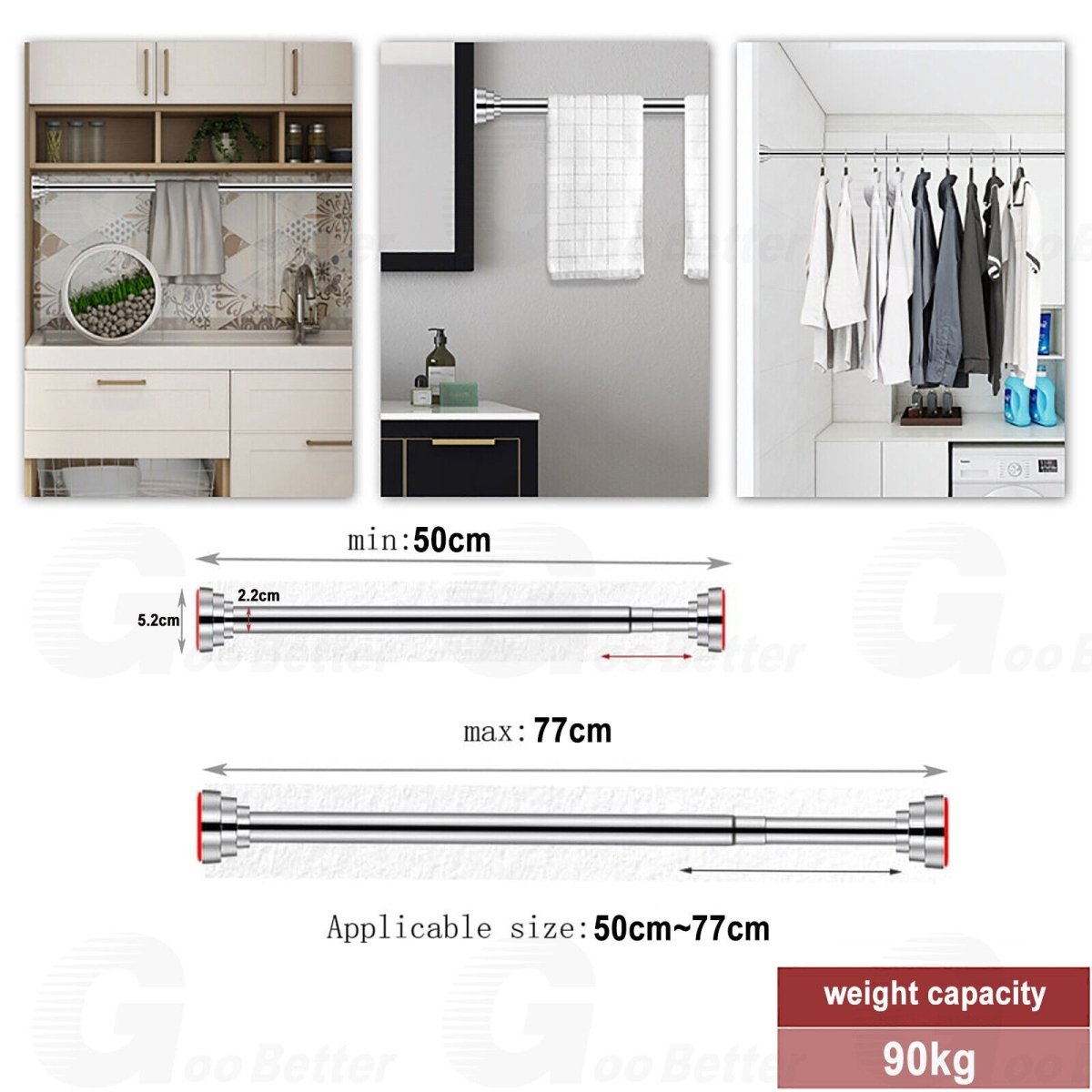 50~77cm Extendable Telescopic Clothes Curtain Pole Rail Rod Bath Door Window Wardrobe - HomeDIYer