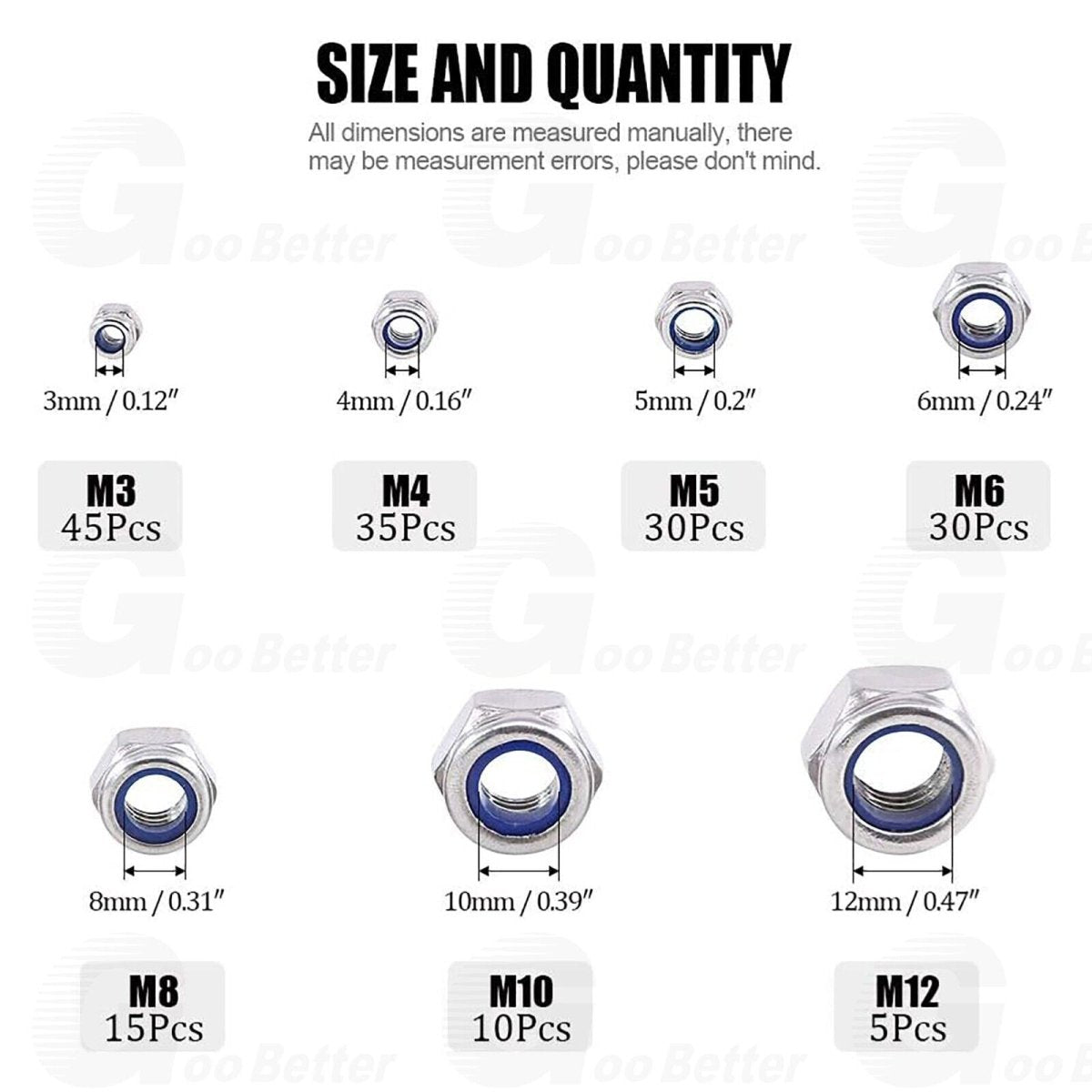 170PCS M3 M4 M5 M6 M8 M10 M12 Lock Nut Nylon Insert Hex Course Stainless Steel Set - HomeDIYer