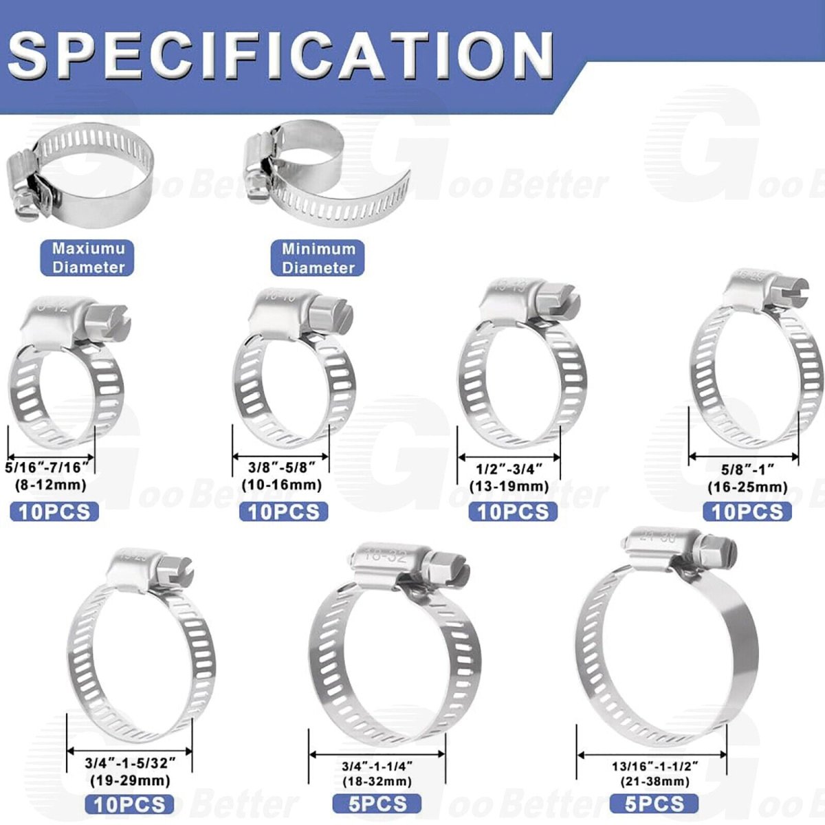 60pcs Adjustable Hose Clamps Worm Gear Stainless Steel Clamp Assortment 7 Sizes - HomeDIYer
