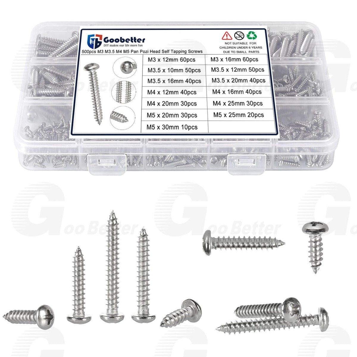 500pcs Assorted Pan Pozi Head Self Tapping Screws Stainless Steel M3 M3.5 M4 M5 - HomeDIYer