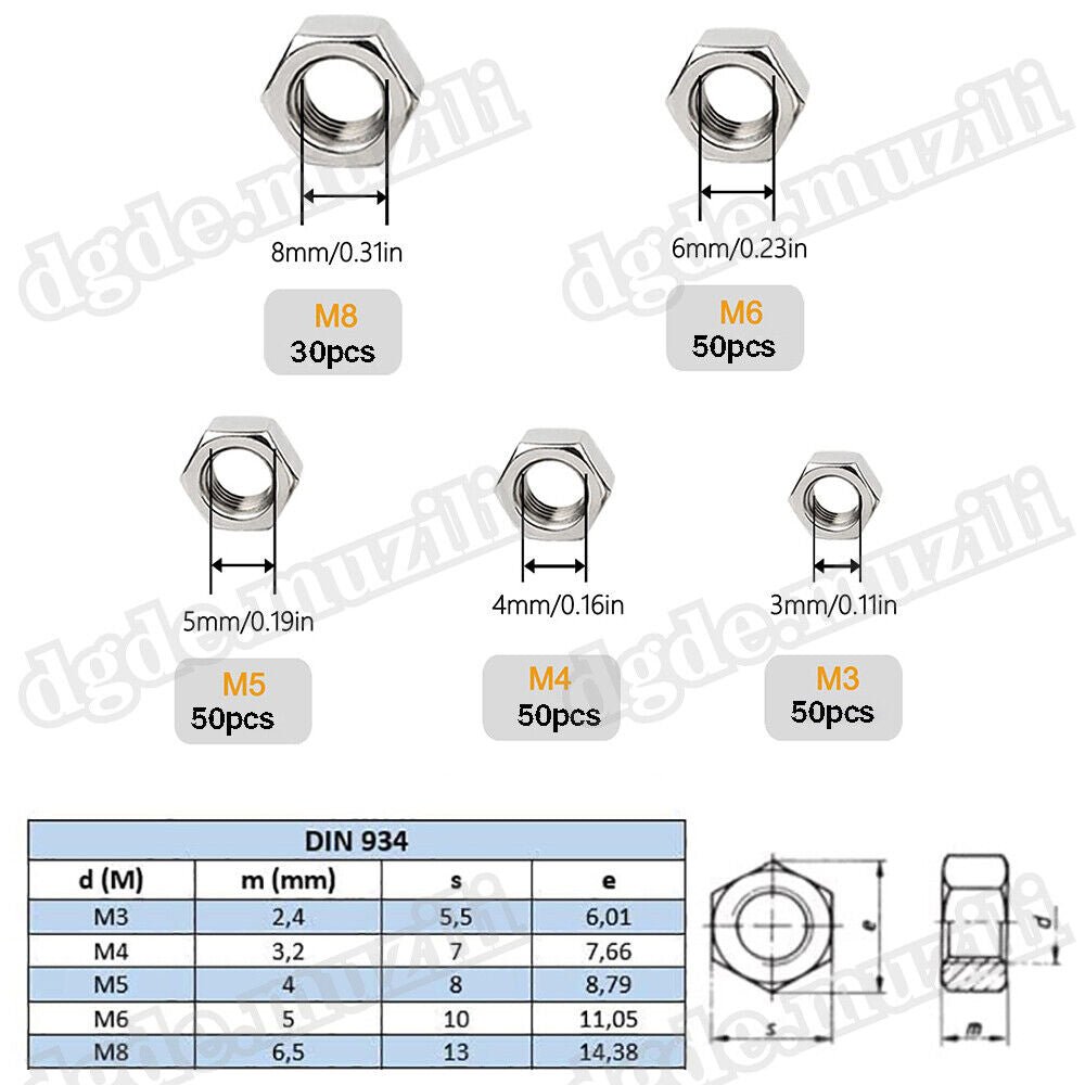 230 pcs hexagon nuts nuts assortment DIN 934 stainless steel metric M3 M4 M5 - M8 - HomeDIYer