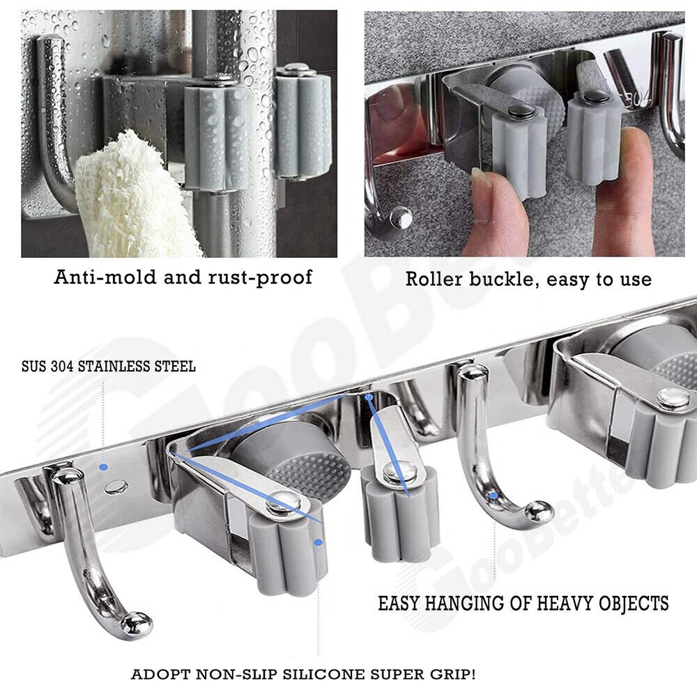 Mop Broom Holder Wall Mounted Kitchen Storage Organiser Brush Hanger Hook - HomeDIYer