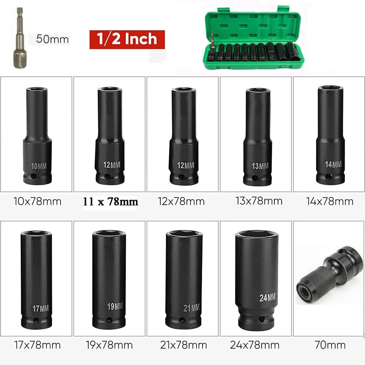 11PCS impact wrench socket 1/2” 10mm - 24mm socket set Socket set - HomeDIYer