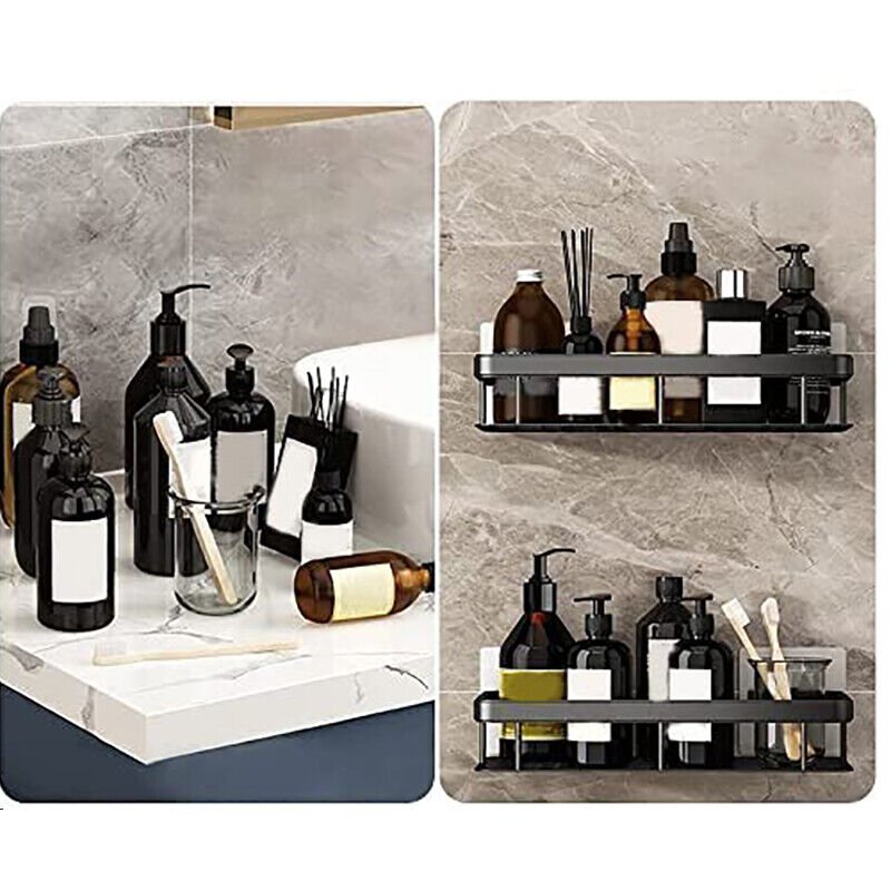 2 Shelves Shower Shelf Without Drilling Bathroom Shelf Aluminum Square Shower Shelf (Black) - HomeDIYer