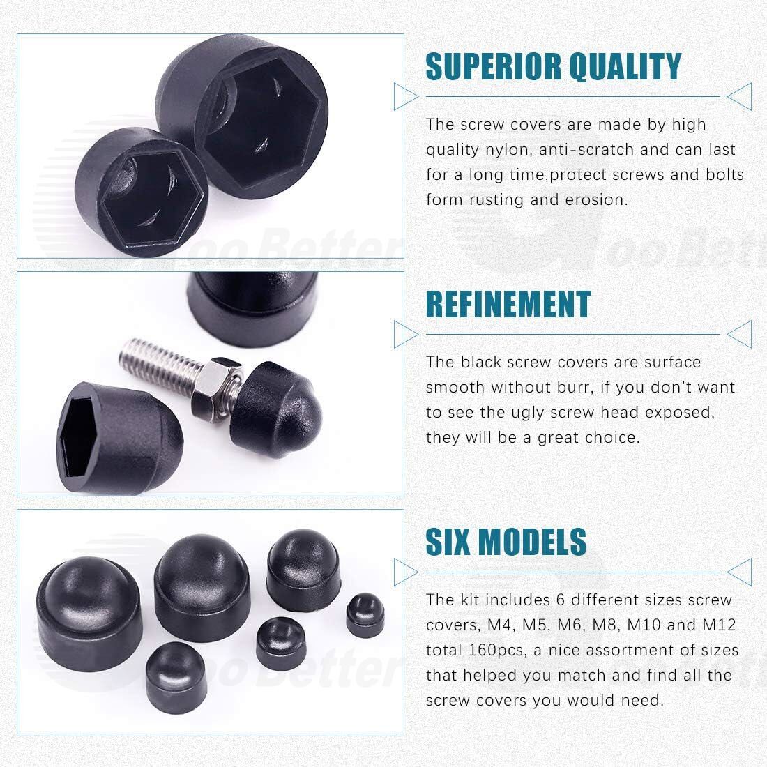 145pcs M4 - M12 Dome Hex Bolt Nut Head Caps Cover Against Protection Plastic Black - HomeDIYer