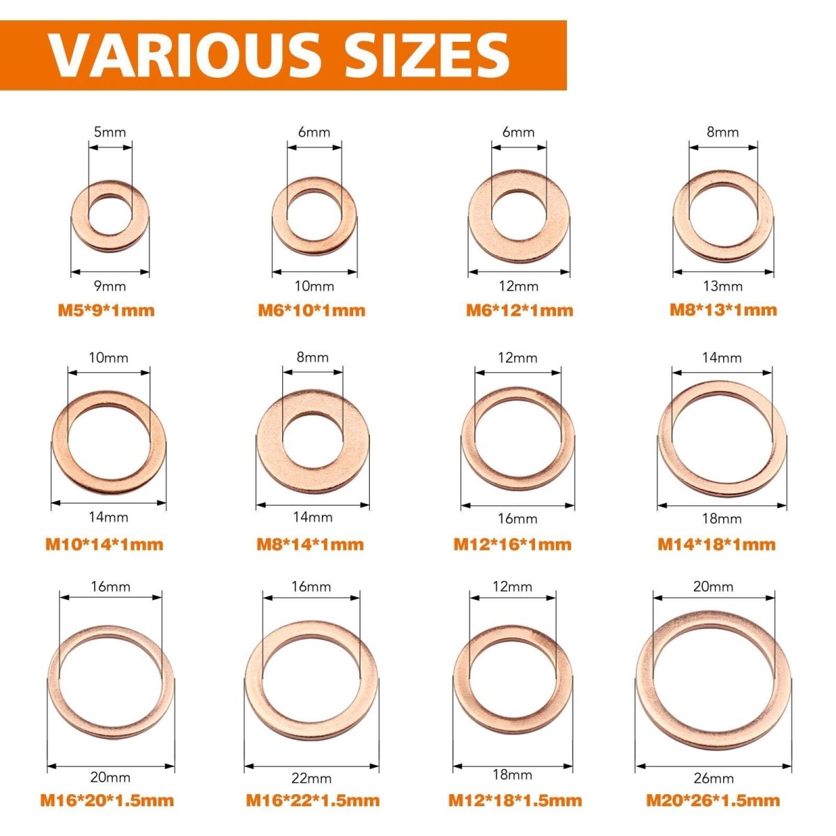 300Pcs Flat Ring Copper Sealing Washers Assortment Set M5 M6 M8 M10 M12 M14 M16 - HomeDIYer