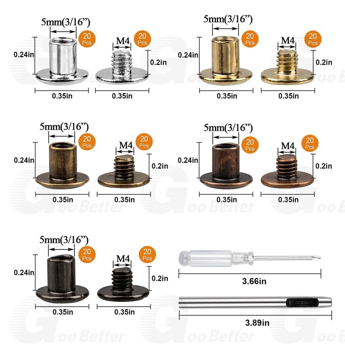 100 Set Chicago Screws for Leather Assorted 5 Color M4 Leather Rivets Screw Kit - HomeDIYer