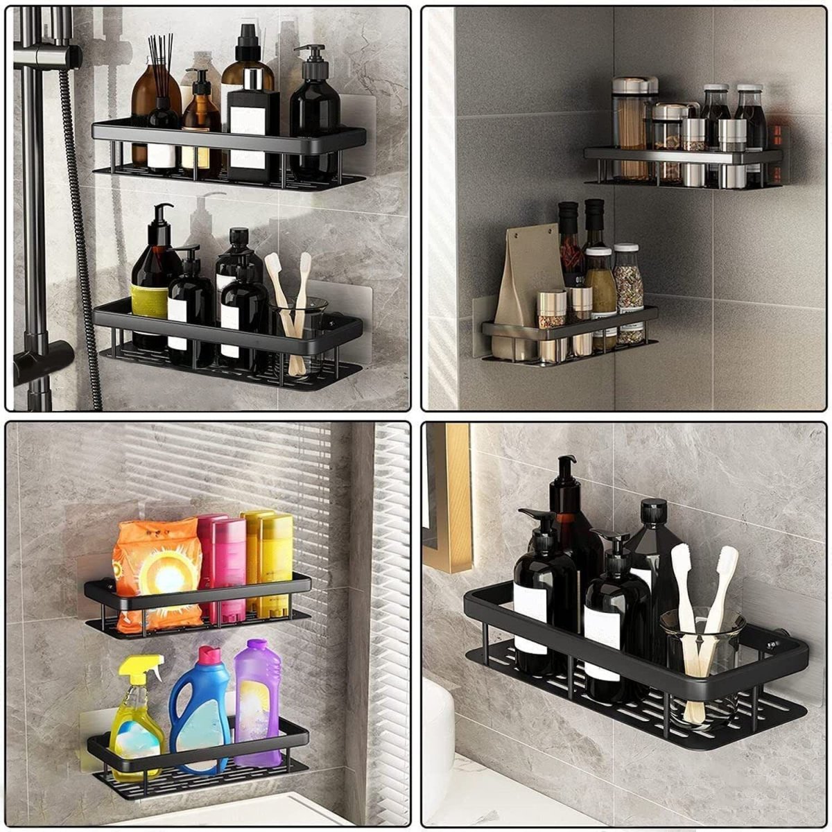 2 Shelves Shower Shelf Without Drilling Bathroom Shelf Aluminum Square Shower Shelf (Black) - HomeDIYer