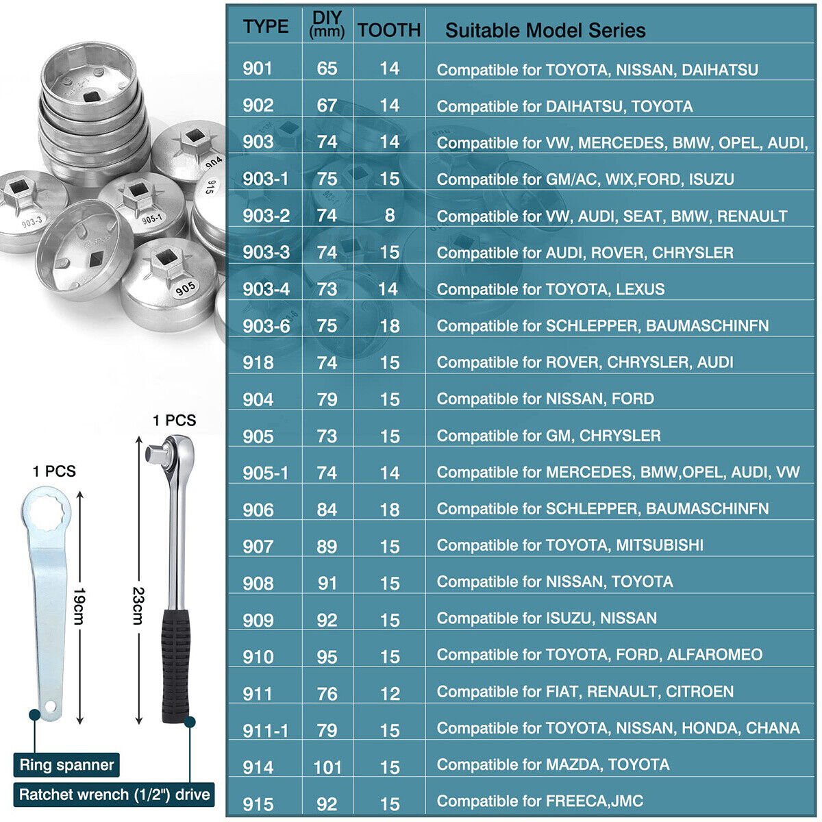 23x Aluminium Cap Type Oil Filter Wrench Set Automotive Removal Socket Tool Kit - HomeDIYer