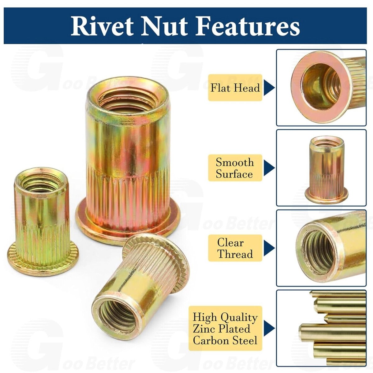 166Pcs Rivet Nuts Flat Head Threaded Rivnuts Knurled Head Nutserts M3 to M12 Kit - HomeDIYer