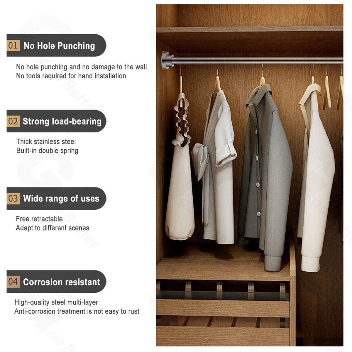 50~77cm Extendable Telescopic Clothes Curtain Pole Rail Rod Bath Door Window Wardrobe - HomeDIYer
