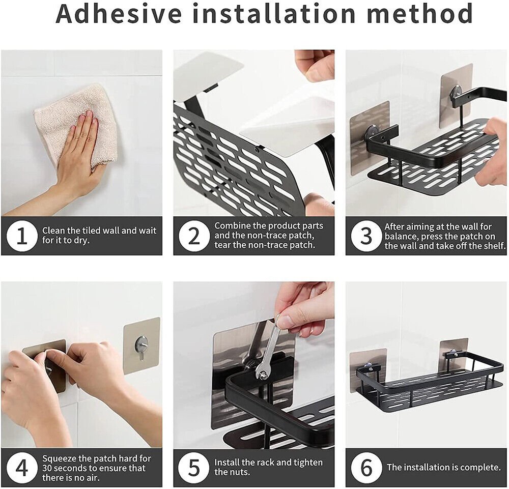 2 Shelves Shower Shelf Without Drilling Bathroom Shelf Aluminum Square Shower Shelf (Black) - HomeDIYer