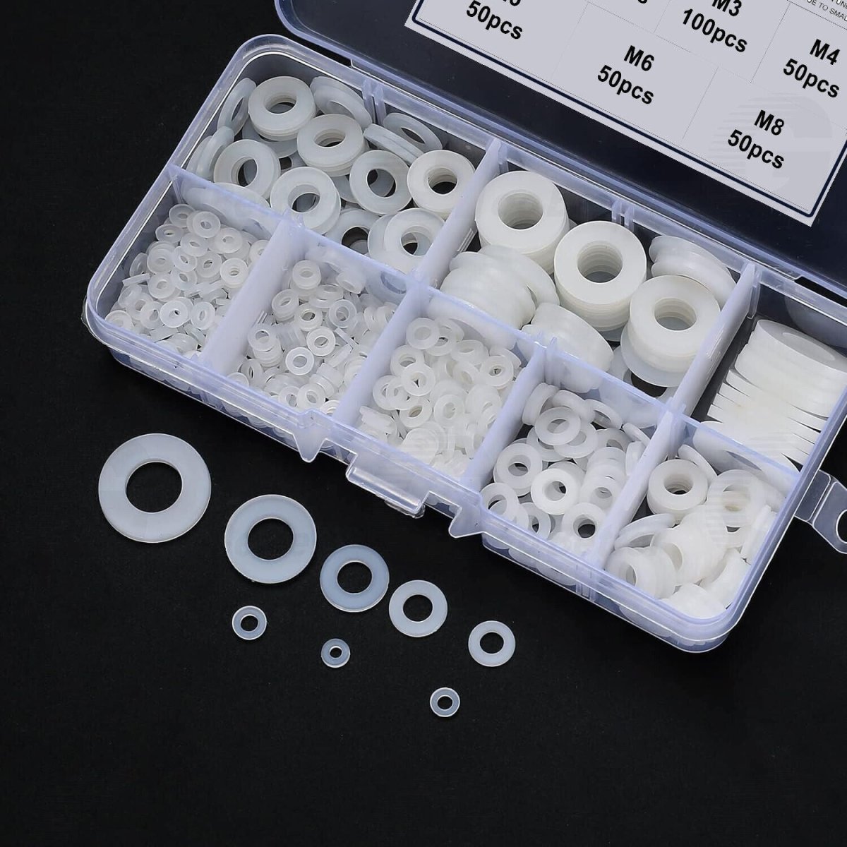 500Pc White Nylon Flat Washer Assortment Kit M2 - M8 Tight Seal Gasket Liquids Set - HomeDIYer
