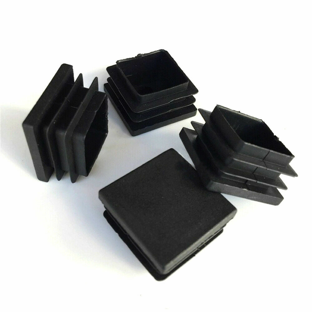 Assortment of black square plastic end caps showing size range from 19mm to 100mm
