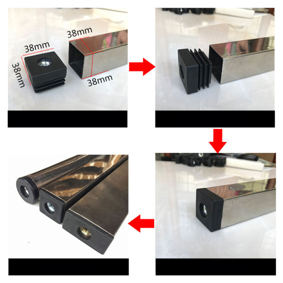 Furniture leg plug installed on table leg with bolt secured through nut