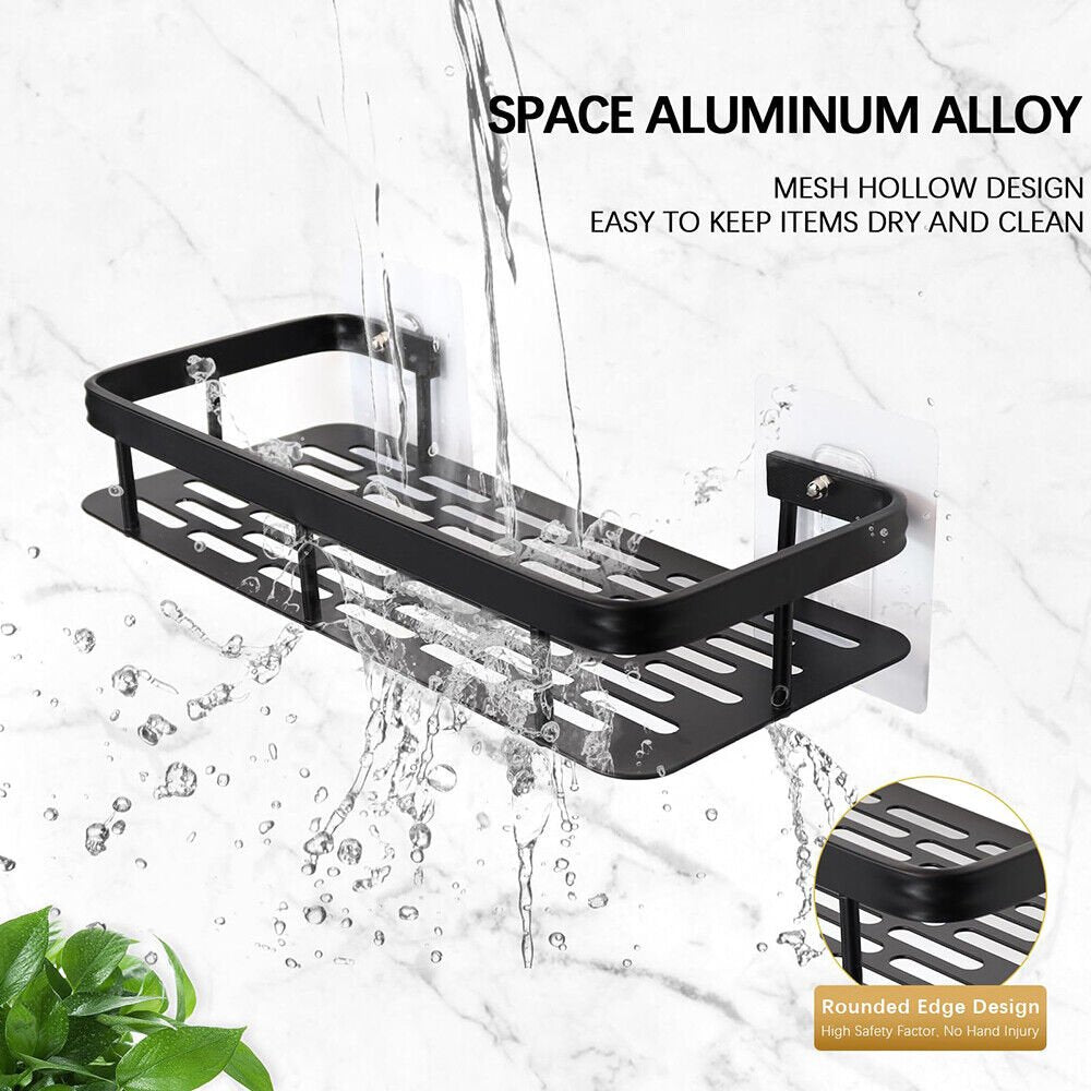 2 Shelves Shower Shelf Without Drilling Bathroom Shelf Aluminum Square Shower Shelf (Black) - HomeDIYer