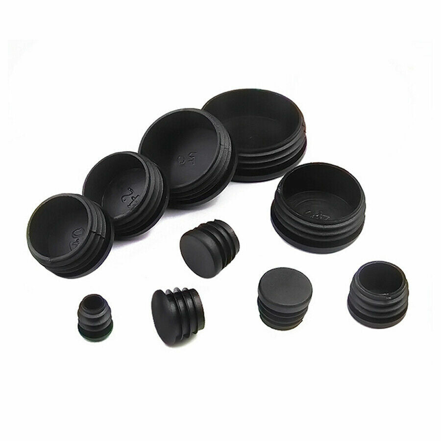 Retail packaging of HomeDIYer Black Round Plastic End Caps with size labeling