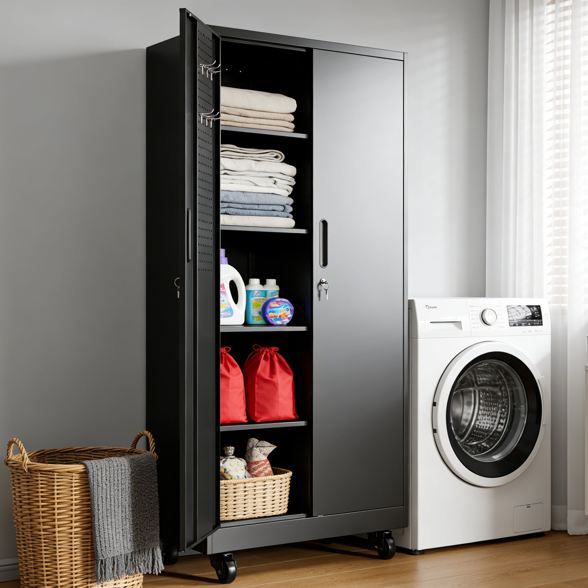 71" Lockable Metal Garage Storage Cabinet with Pegboard Doors & Wheels, 4 Adjustable Shelves, 900 lb Capacity