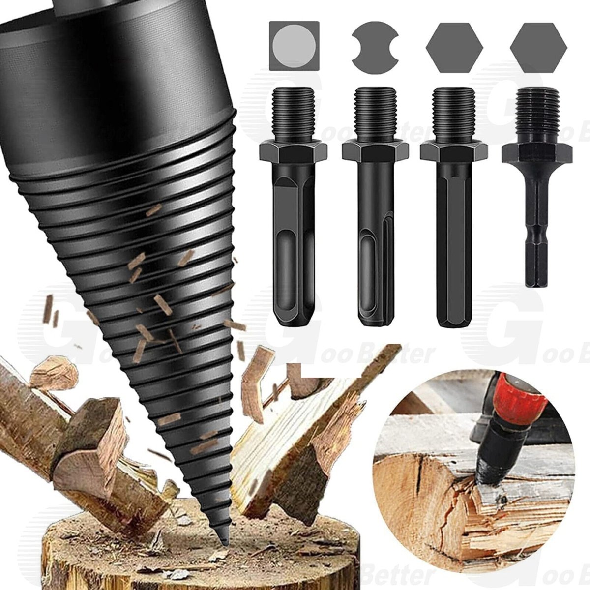 6x Wood Splitter High Speed Twist Firewood Drill Bit Screw Splitting Cone Driver - HomeDIYer