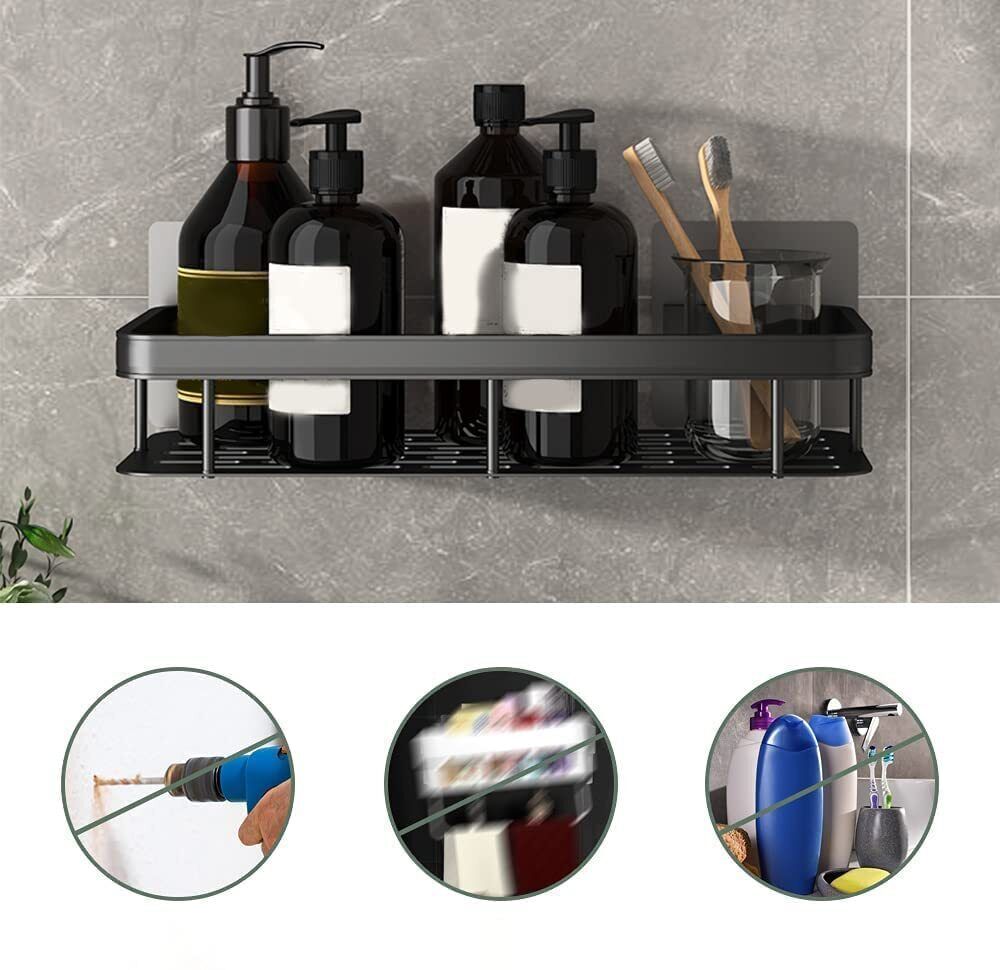 2 Shelves Shower Shelf Without Drilling Bathroom Shelf Aluminum Square Shower Shelf (Black) - HomeDIYer
