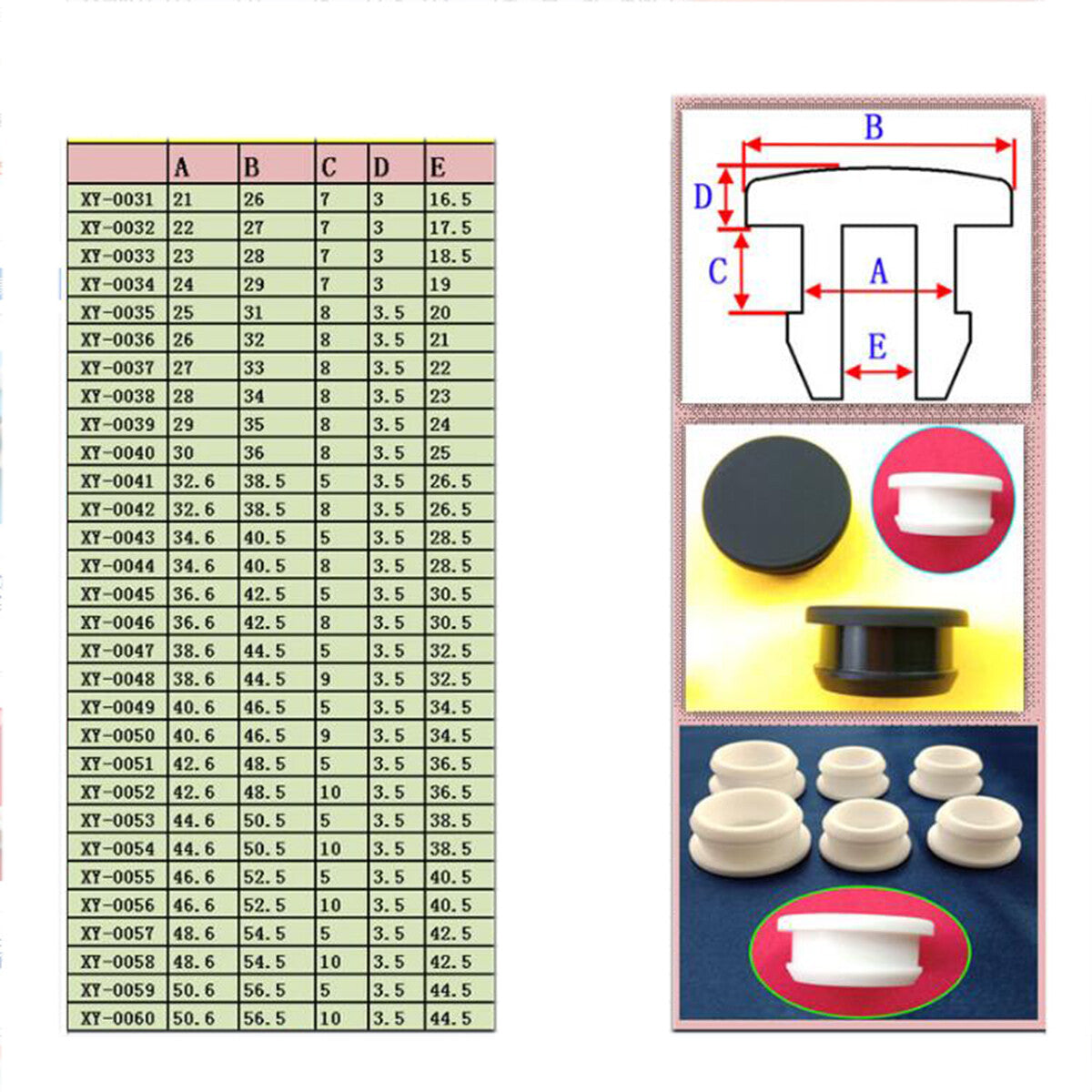 Multi-angle view of transparent silicone hole plugs showing installation features