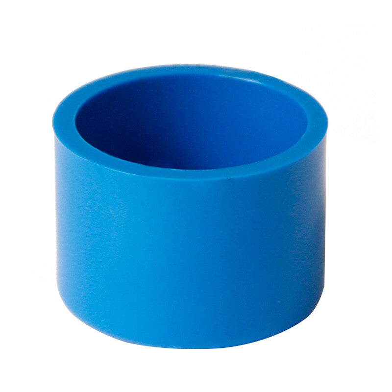 Retail packaging of HomeDIYer Blue PVC End Caps with size chart