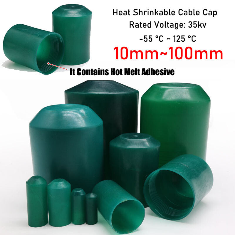 HomeDIYer Green Heat Shrink End Caps with adhesive lining, 10mm to 100mm sizes