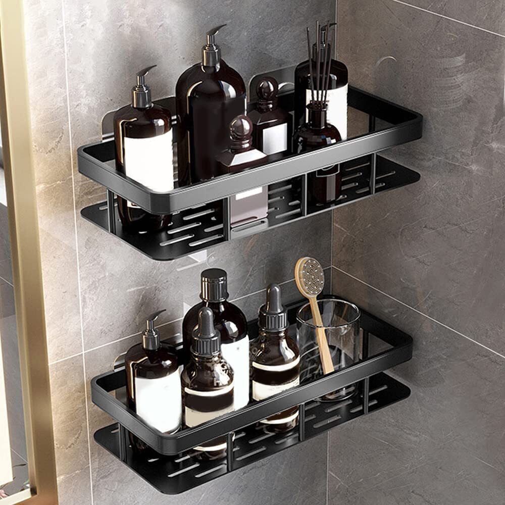 2 Shelves Shower Shelf Without Drilling Bathroom Shelf Aluminum Square Shower Shelf (Black) - HomeDIYer