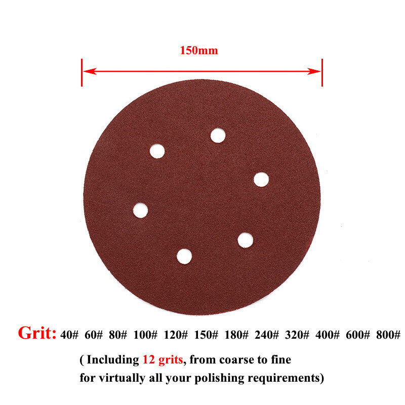 150mm 6 Inch SANDING DISCS 6 Hole Self-Adhesive Red Sandpaper 40#-800# Hook&Loop