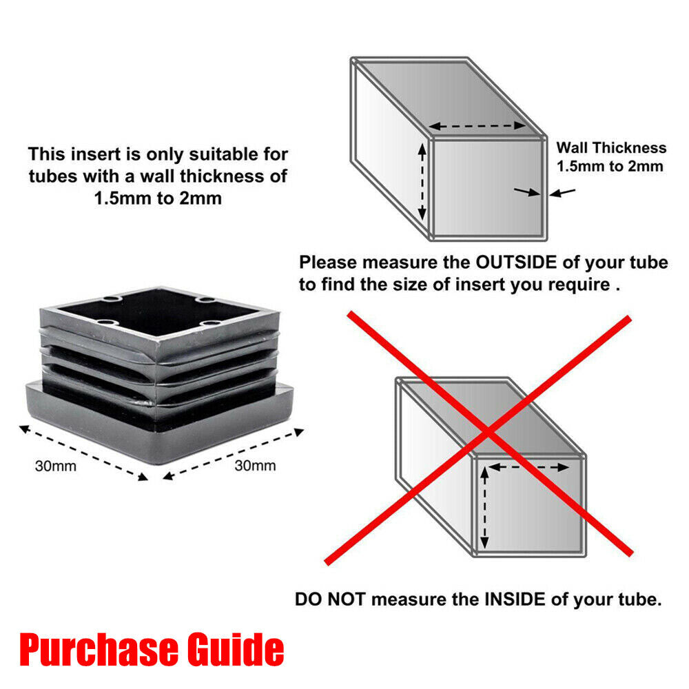 Assortment of black square plastic end caps showing size range from 10x10mm to 100x100mm