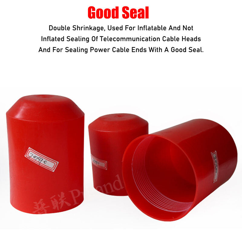 Red heat shrink end caps (8mm-110mm) showing adhesive lining, 2:1 ratio, 35KV voltage insulation