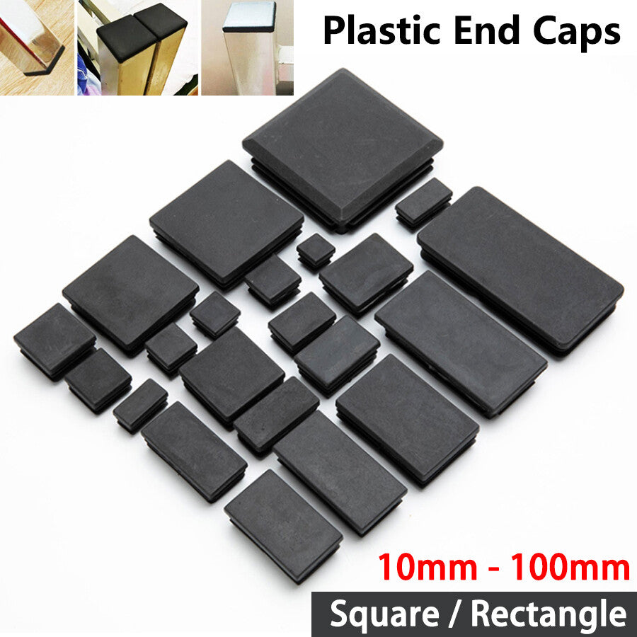 Black plastic blanking end caps—square/rectangle shape, ideal for tube/pipe inserts & plug bungs
