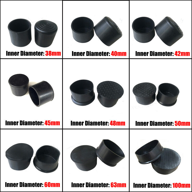 Black PVC rubber end covers (6mm~63mm) for chair feet, table legs, and pipe/tubing sealing