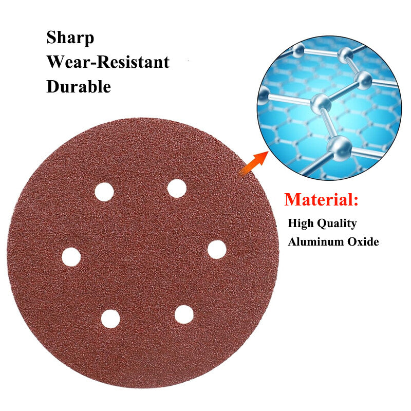 150mm 6 Inch SANDING DISCS 6 Hole Self-Adhesive Red Sandpaper 40#-800# Hook&Loop