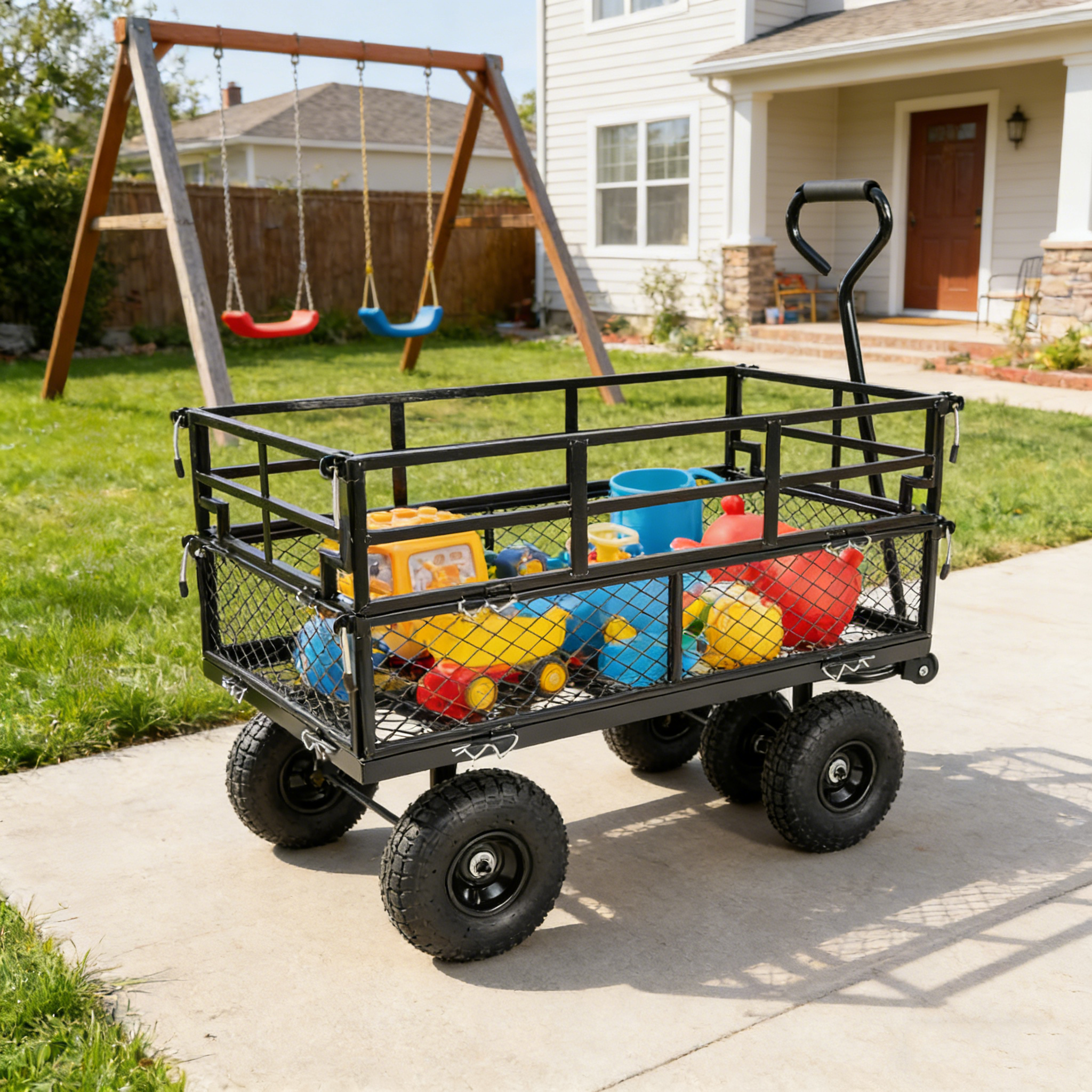 (Black double fence utility cart) Wagon Cart Garden cart trucks make it easier to transport firewood